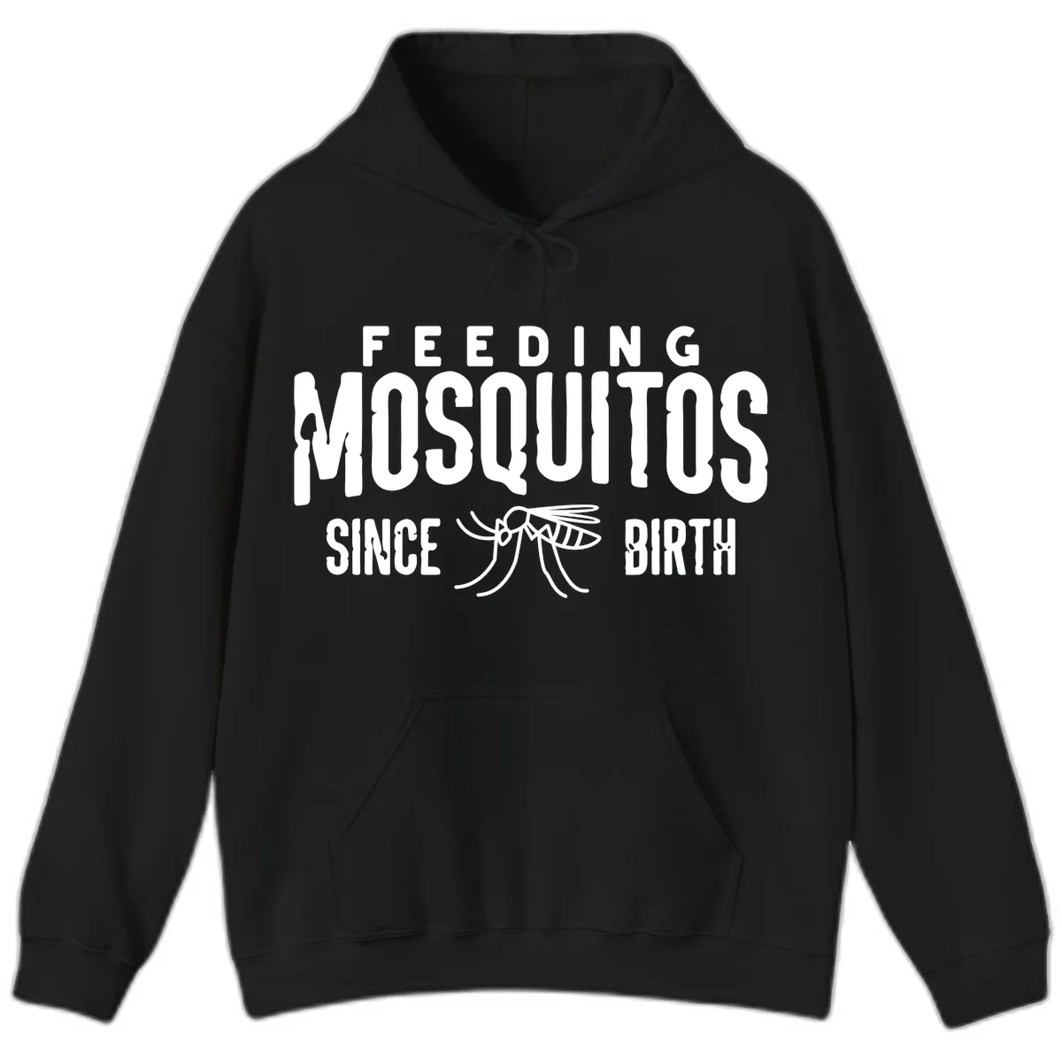 Feeding mosquitos since birth design with mosquito illustration and bold white text on gray background in Black