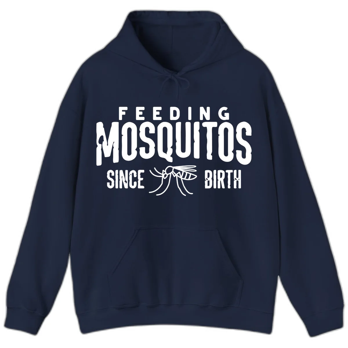 Feeding mosquitos since birth design with mosquito illustration and bold white text on gray background in Navy