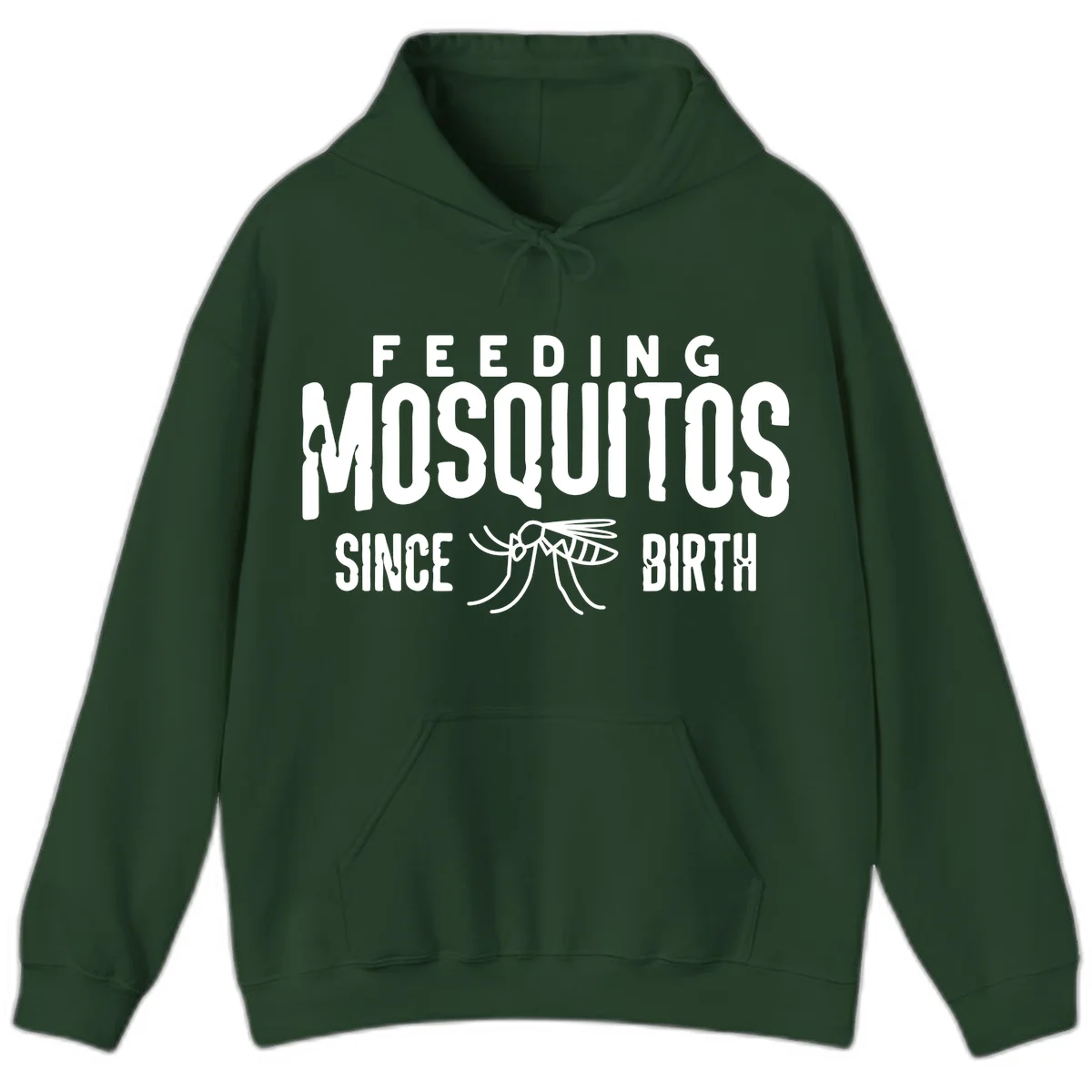 Feeding mosquitos since birth design with mosquito illustration and bold white text on gray background in Forest Green