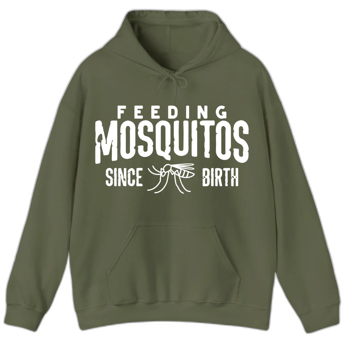 Feeding mosquitos since birth design with mosquito illustration and bold white text on gray background in Military Green