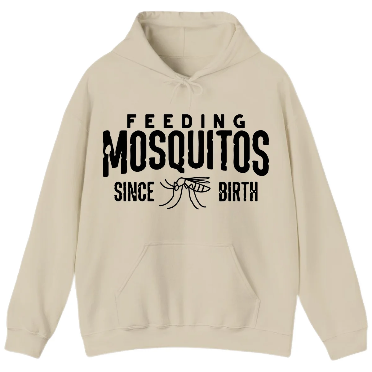 Feeding mosquitos since birth design with mosquito illustration and bold white text on gray background in Sand