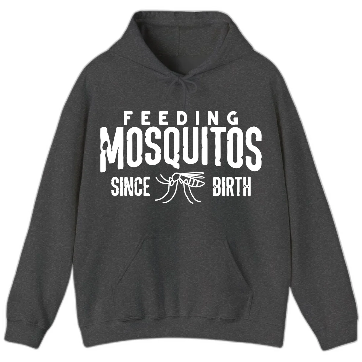 Feeding mosquitos since birth design with mosquito illustration and bold white text on gray background in Dark Heather