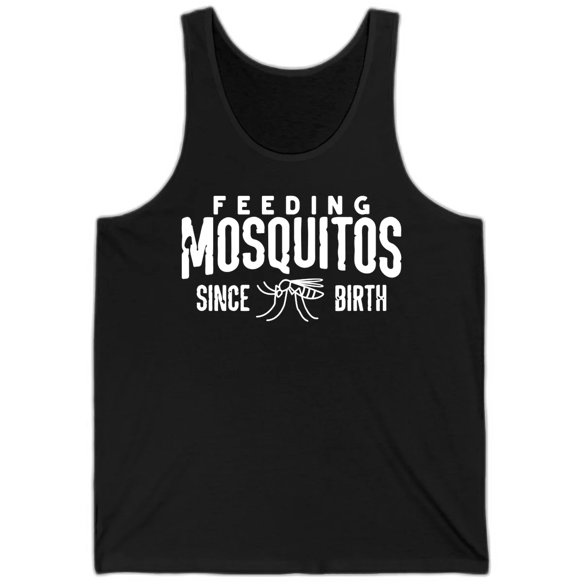 Feeding mosquitos since birth design with mosquito illustration and bold white text on gray background in Black