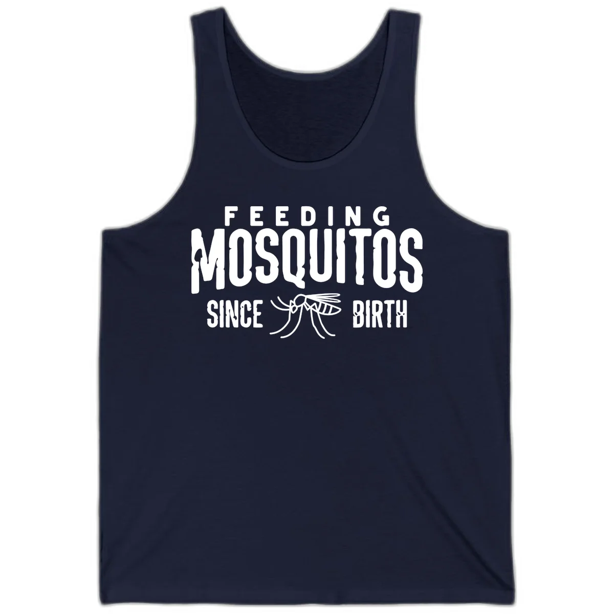 Feeding mosquitos since birth design with mosquito illustration and bold white text on gray background in Navy