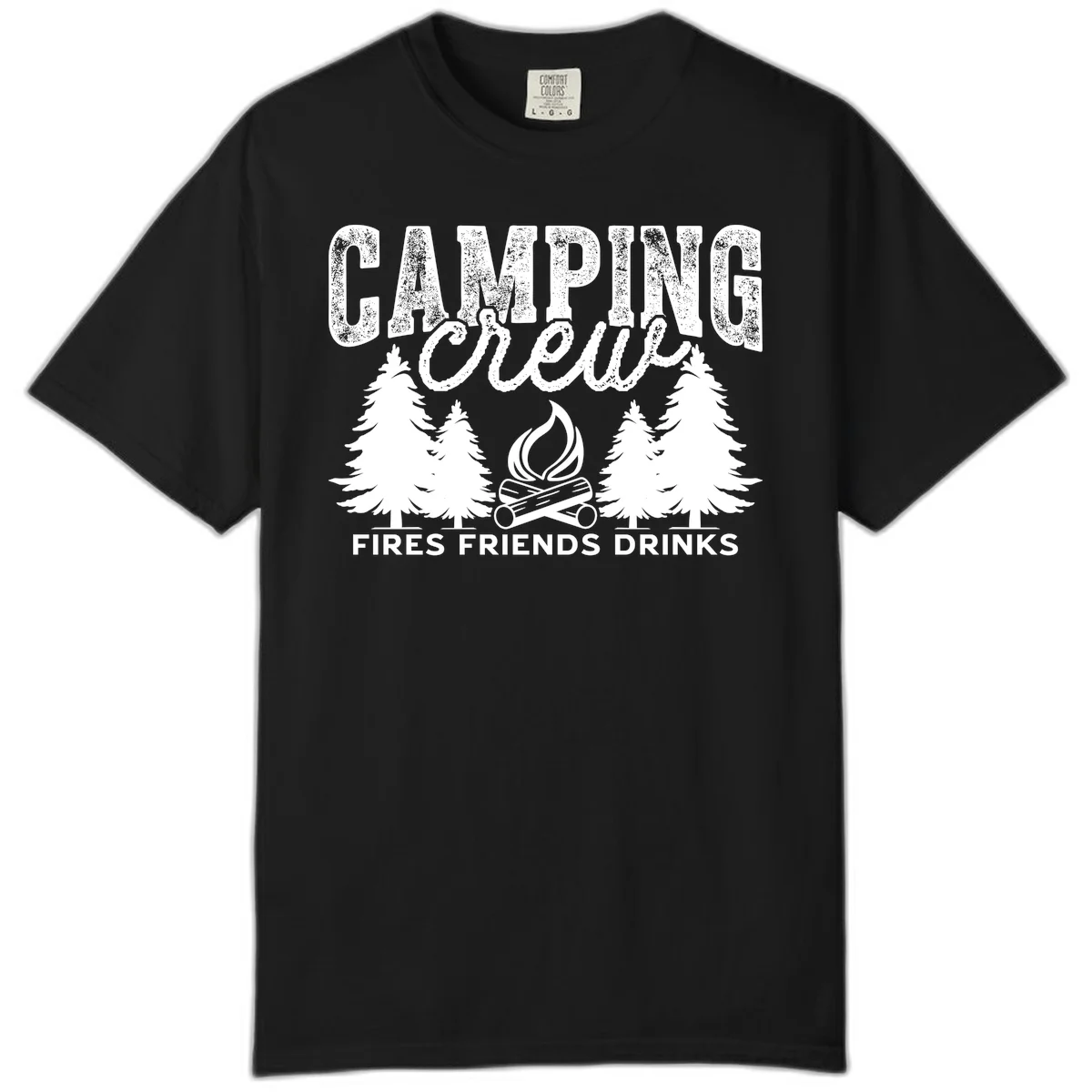 Distressed white design with 'CAMPING' text, campfire, evergreen trees, and 'FIRES FRIENDS DRINKS' script on gray background in Black