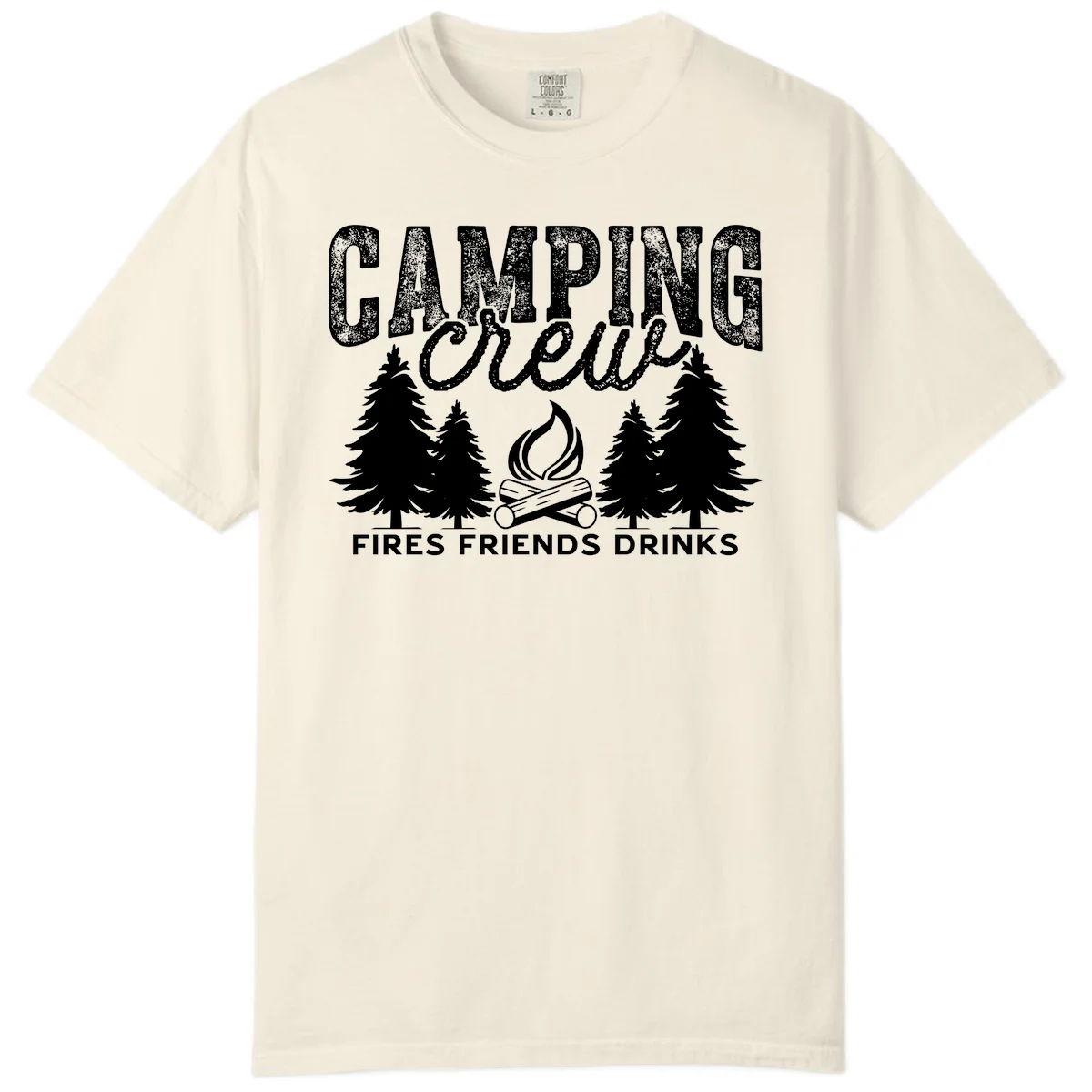 Distressed white design with 'CAMPING' text, campfire, evergreen trees, and 'FIRES FRIENDS DRINKS' script on gray background in Ivory