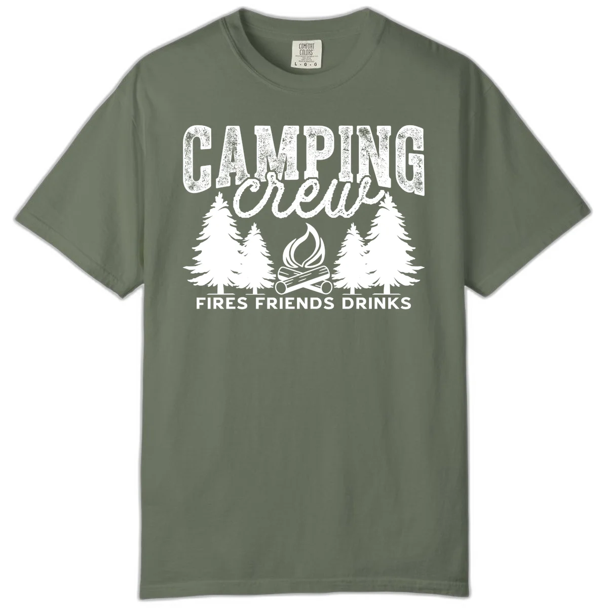 Distressed white design with 'CAMPING' text, campfire, evergreen trees, and 'FIRES FRIENDS DRINKS' script on gray background in Moss