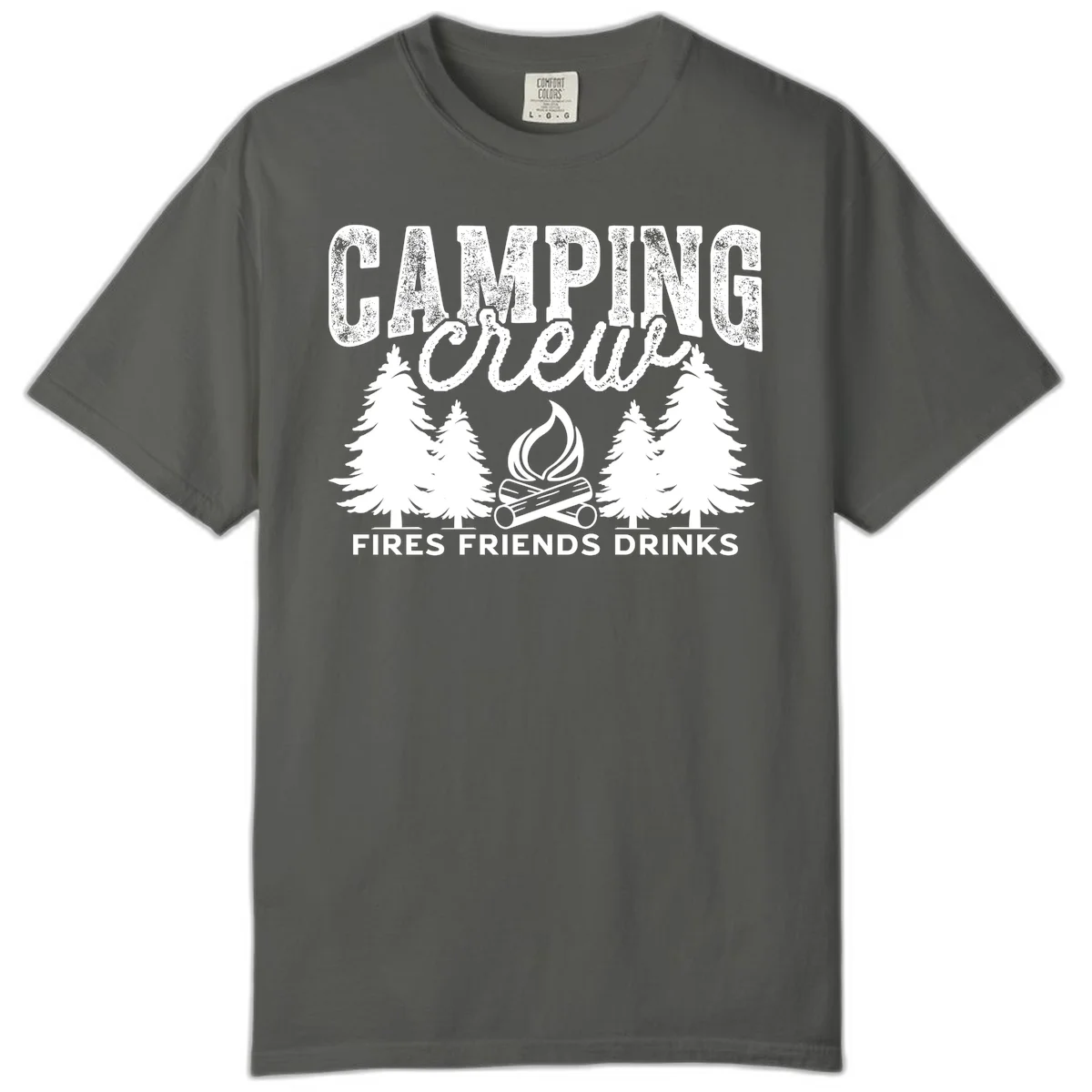 Distressed white design with 'CAMPING' text, campfire, evergreen trees, and 'FIRES FRIENDS DRINKS' script on gray background in Pepper