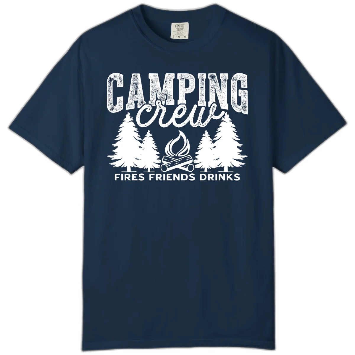 Distressed white design with 'CAMPING' text, campfire, evergreen trees, and 'FIRES FRIENDS DRINKS' script on gray background in True Navy