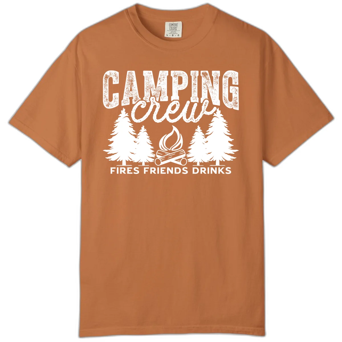 Distressed white design with 'CAMPING' text, campfire, evergreen trees, and 'FIRES FRIENDS DRINKS' script on gray background in Yam
