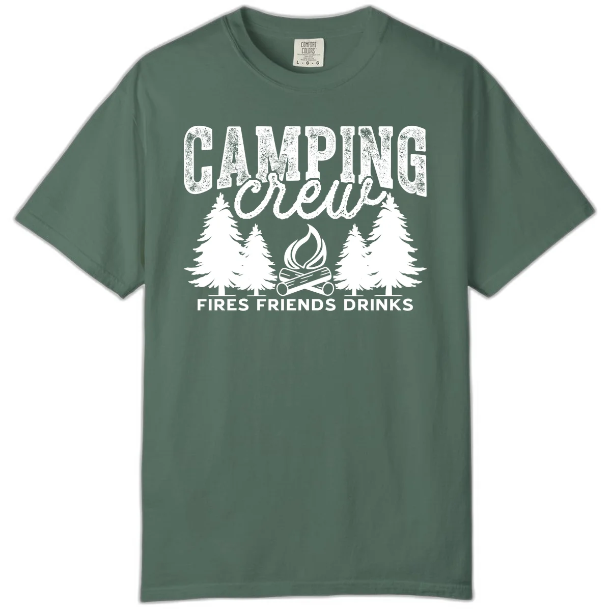 Distressed white design with 'CAMPING' text, campfire, evergreen trees, and 'FIRES FRIENDS DRINKS' script on gray background in Blue Spruce