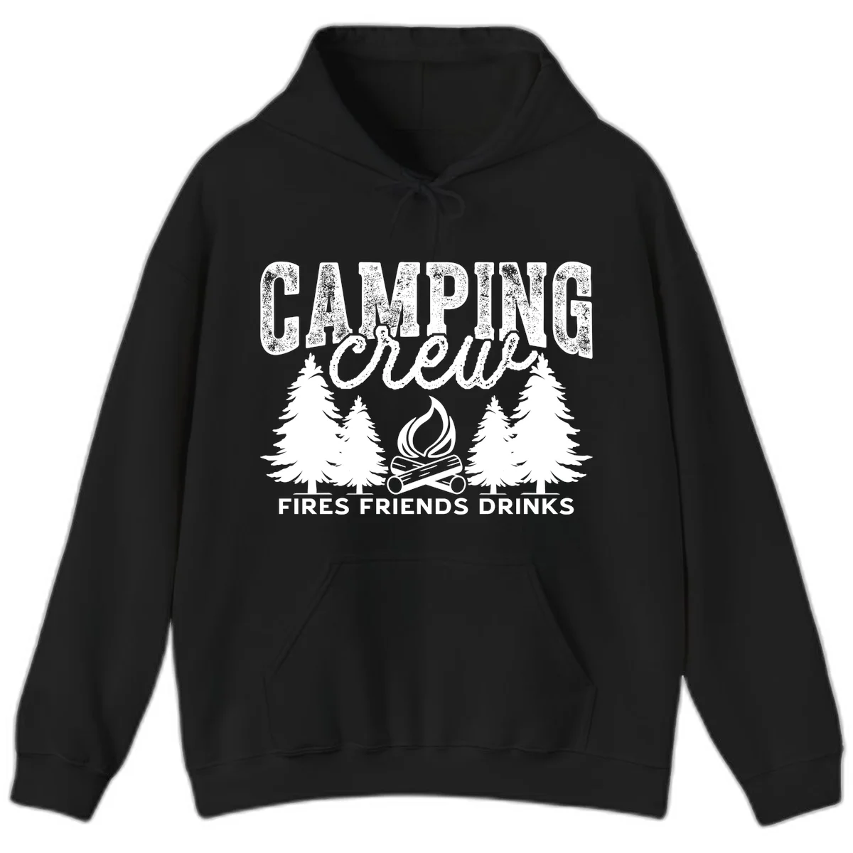 Distressed white design with 'CAMPING' text, campfire, evergreen trees, and 'FIRES FRIENDS DRINKS' script on gray background in Black