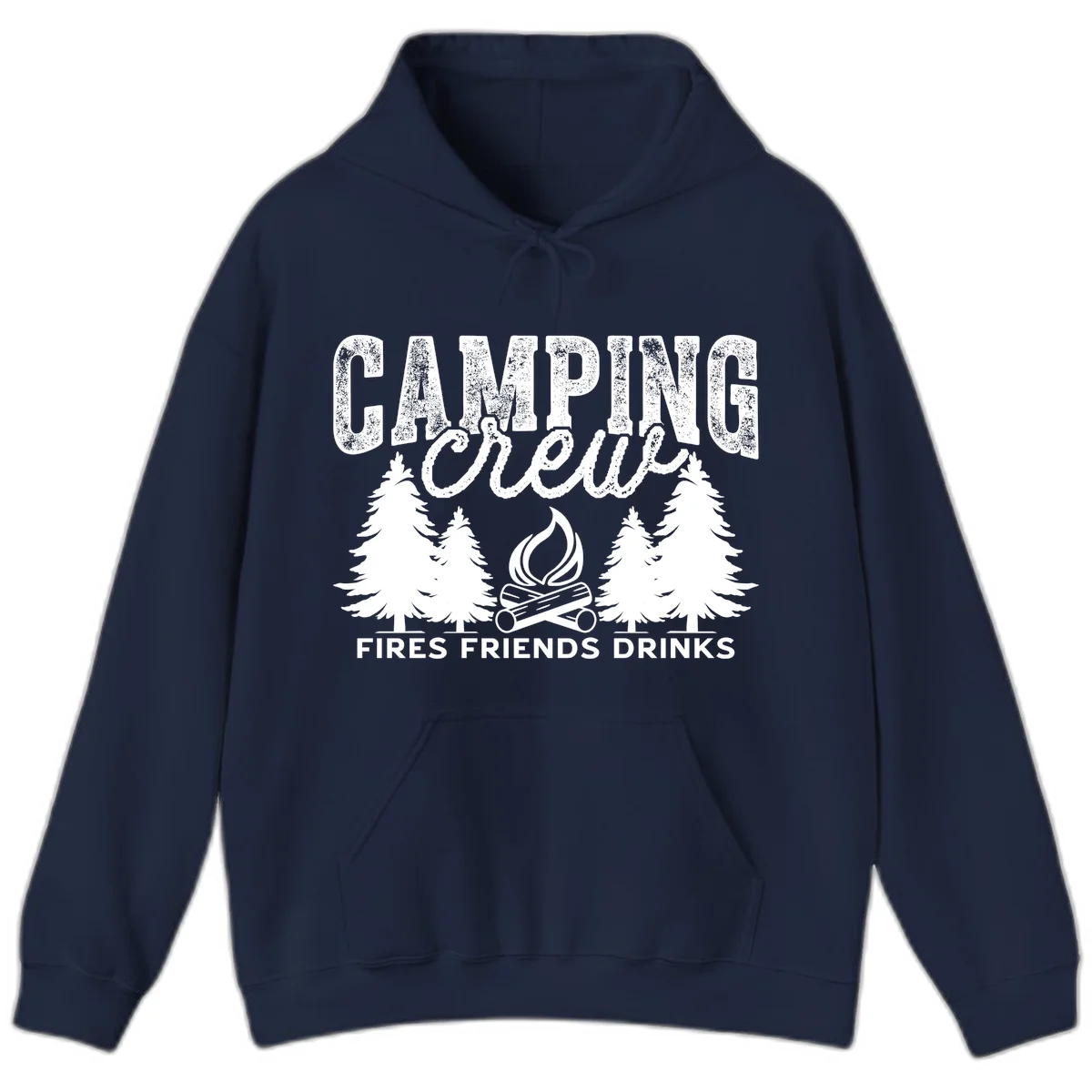 Distressed white design with 'CAMPING' text, campfire, evergreen trees, and 'FIRES FRIENDS DRINKS' script on gray background in Navy