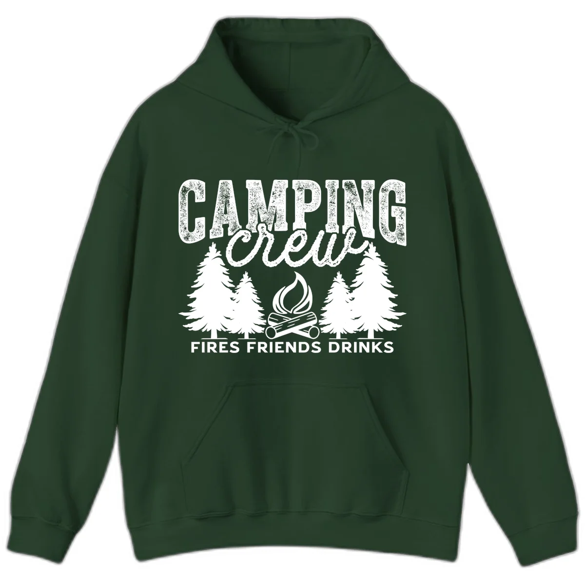 Distressed white design with 'CAMPING' text, campfire, evergreen trees, and 'FIRES FRIENDS DRINKS' script on gray background in Forest Green
