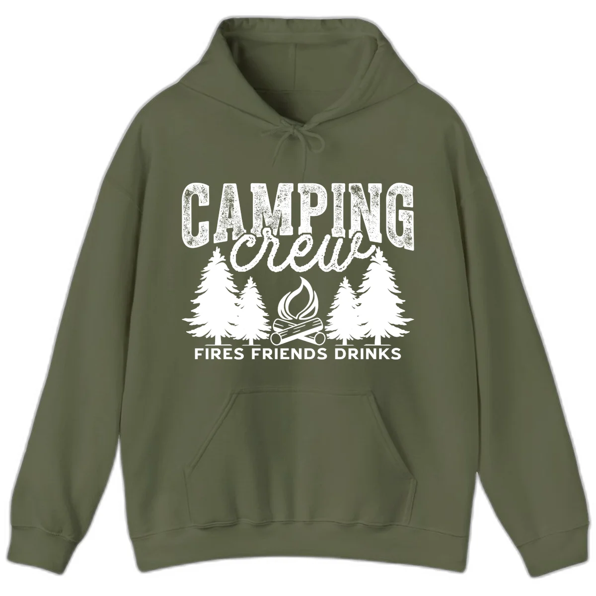 Distressed white design with 'CAMPING' text, campfire, evergreen trees, and 'FIRES FRIENDS DRINKS' script on gray background in Military Green
