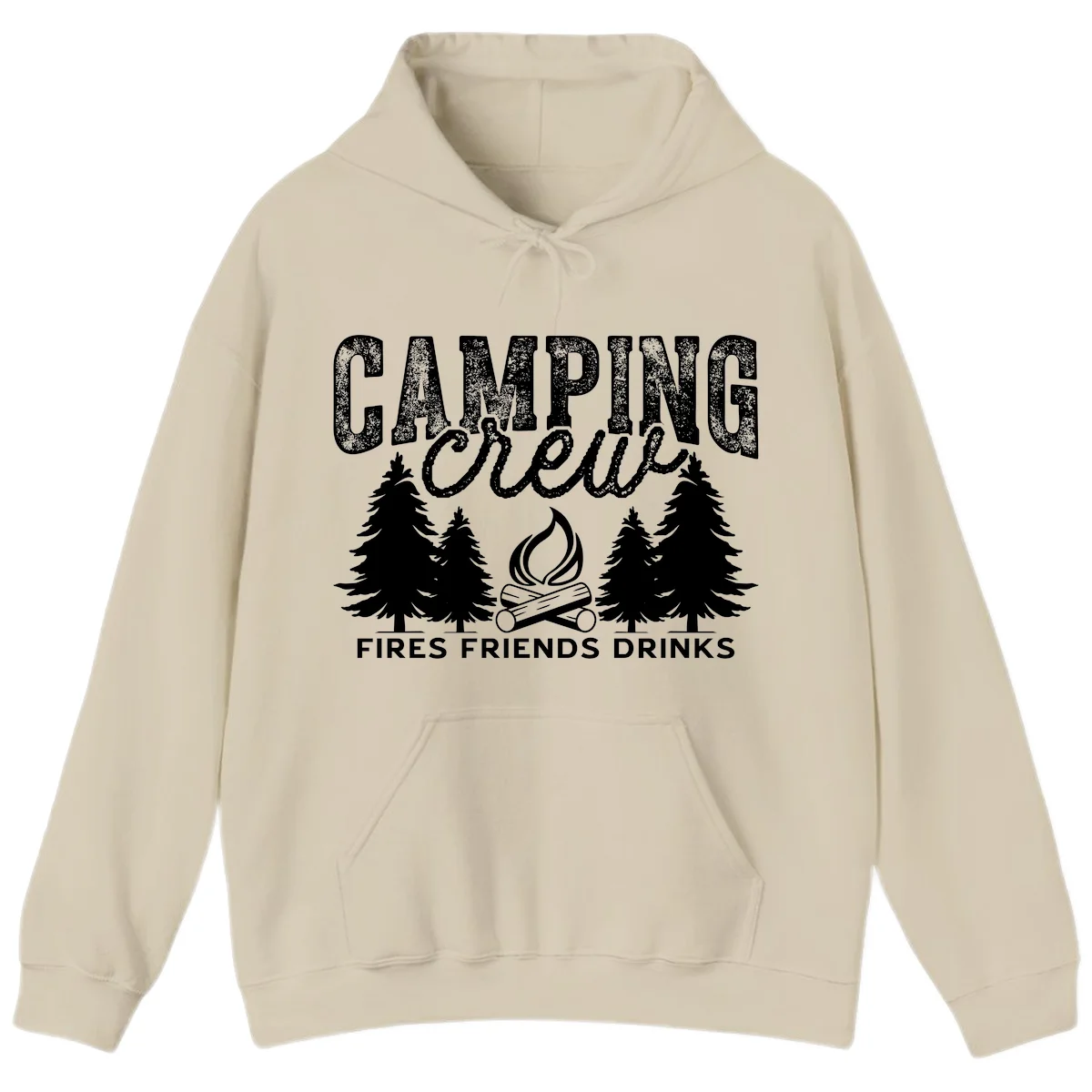Distressed white design with 'CAMPING' text, campfire, evergreen trees, and 'FIRES FRIENDS DRINKS' script on gray background in Sand