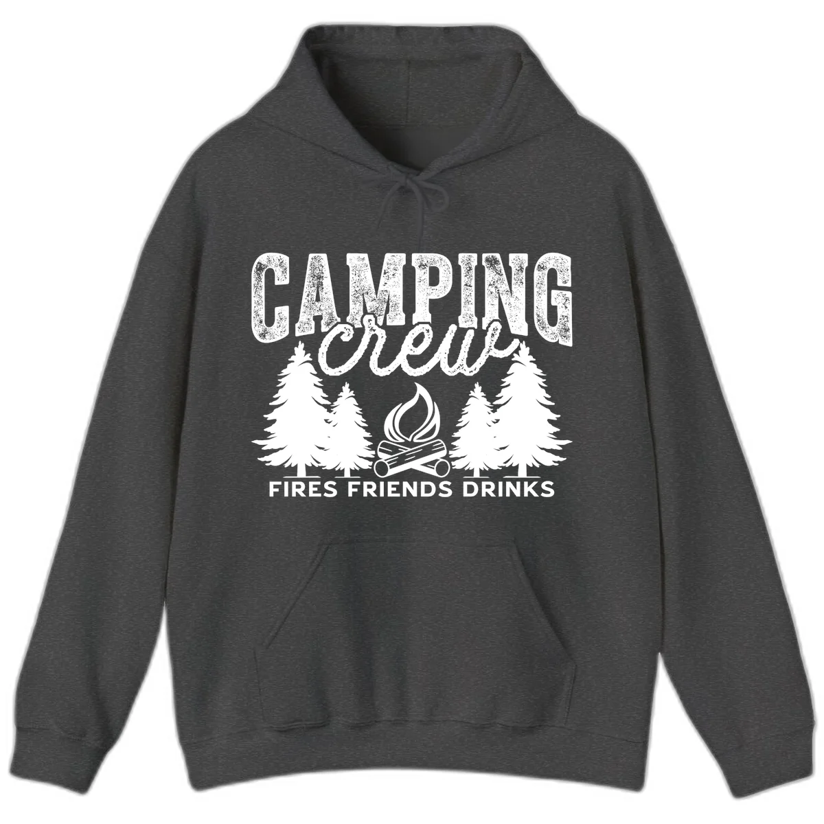 Distressed white design with 'CAMPING' text, campfire, evergreen trees, and 'FIRES FRIENDS DRINKS' script on gray background in Dark Heather