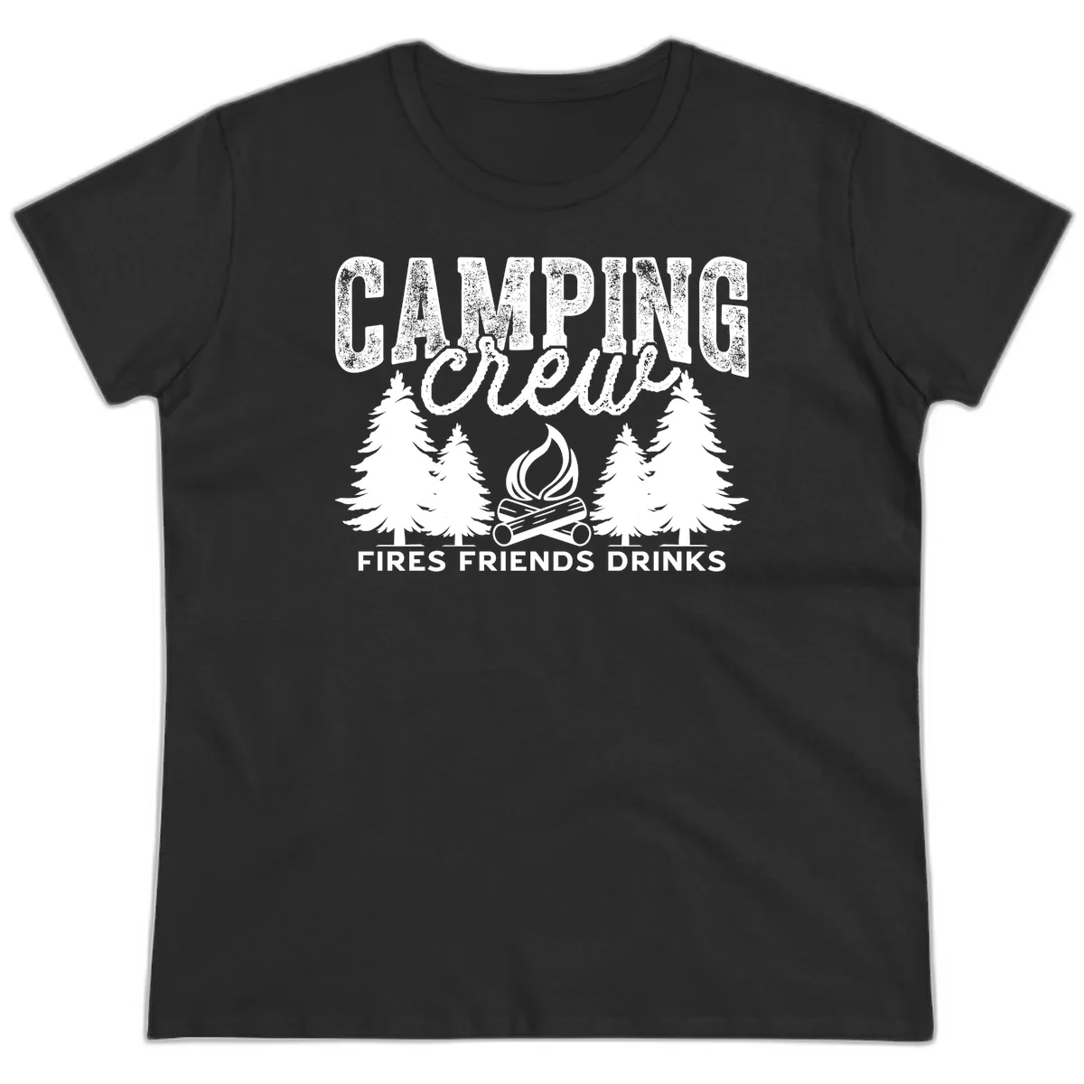 Distressed white design with 'CAMPING' text, campfire, evergreen trees, and 'FIRES FRIENDS DRINKS' script on gray background in Black