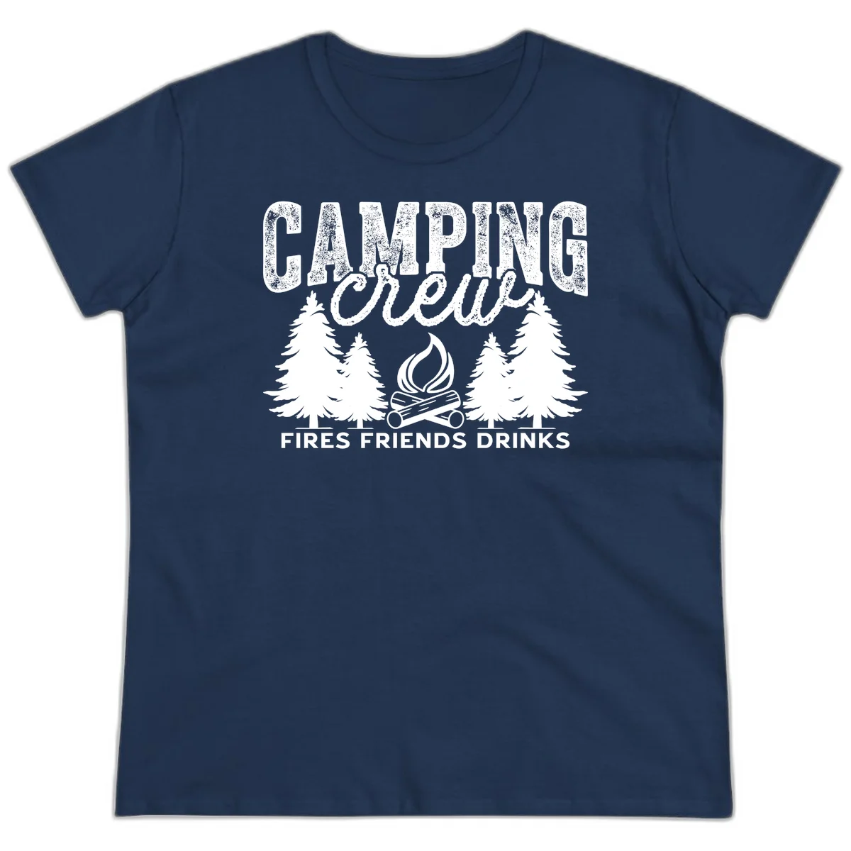 Distressed white design with 'CAMPING' text, campfire, evergreen trees, and 'FIRES FRIENDS DRINKS' script on gray background in Navy
