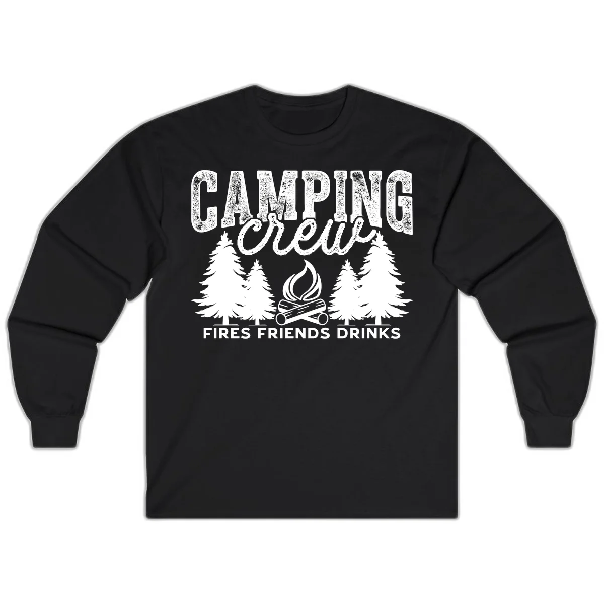 Distressed white design with 'CAMPING' text, campfire, evergreen trees, and 'FIRES FRIENDS DRINKS' script on gray background in Black