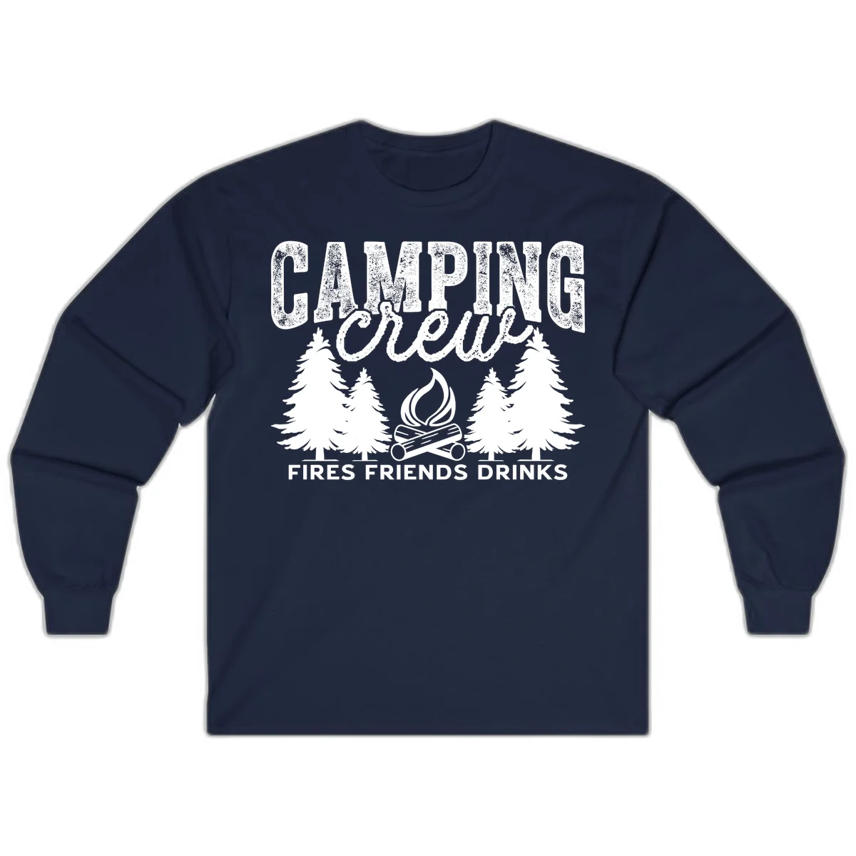 Distressed white design with 'CAMPING' text, campfire, evergreen trees, and 'FIRES FRIENDS DRINKS' script on gray background in Navy