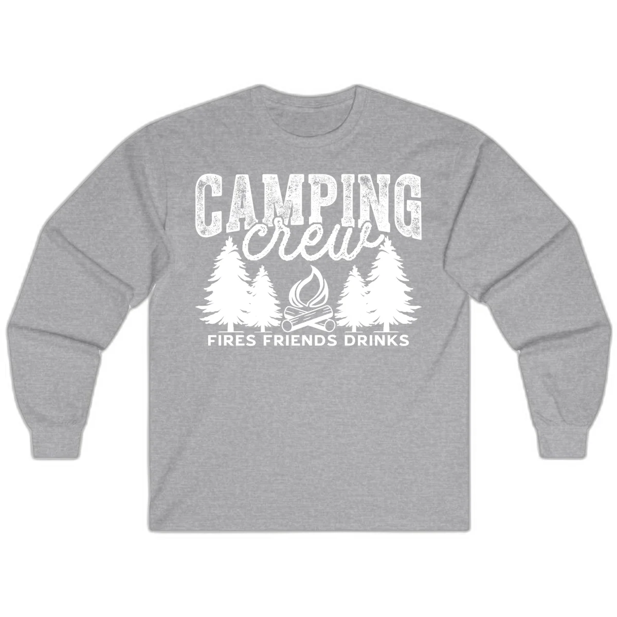 Distressed white design with 'CAMPING' text, campfire, evergreen trees, and 'FIRES FRIENDS DRINKS' script on gray background in Sport Grey