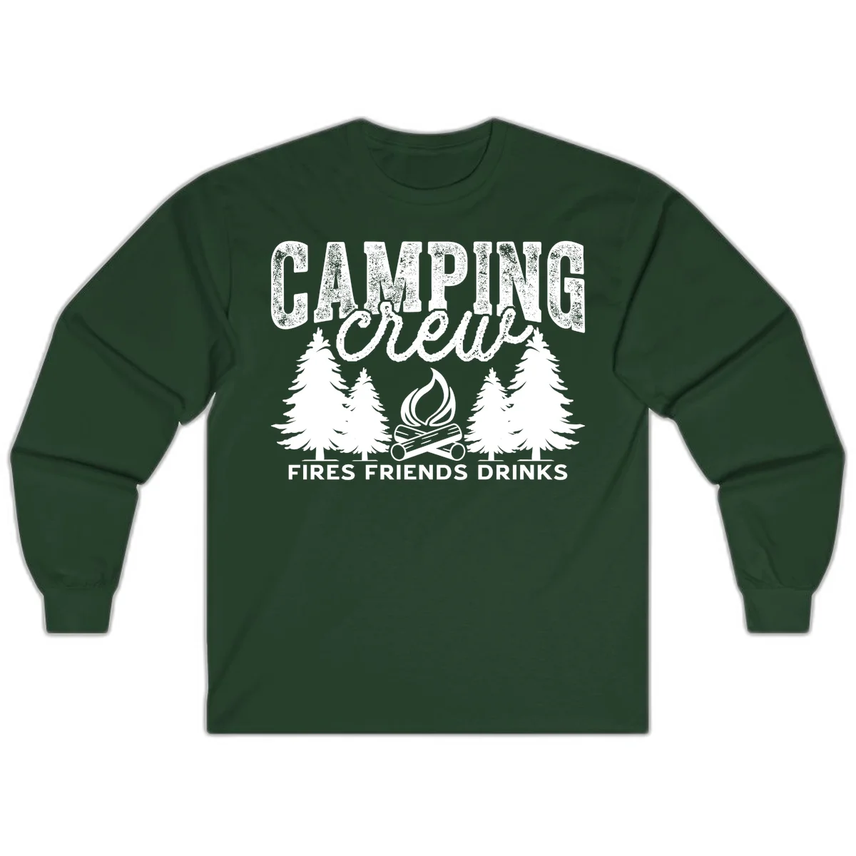 Distressed white design with 'CAMPING' text, campfire, evergreen trees, and 'FIRES FRIENDS DRINKS' script on gray background in Forest Green