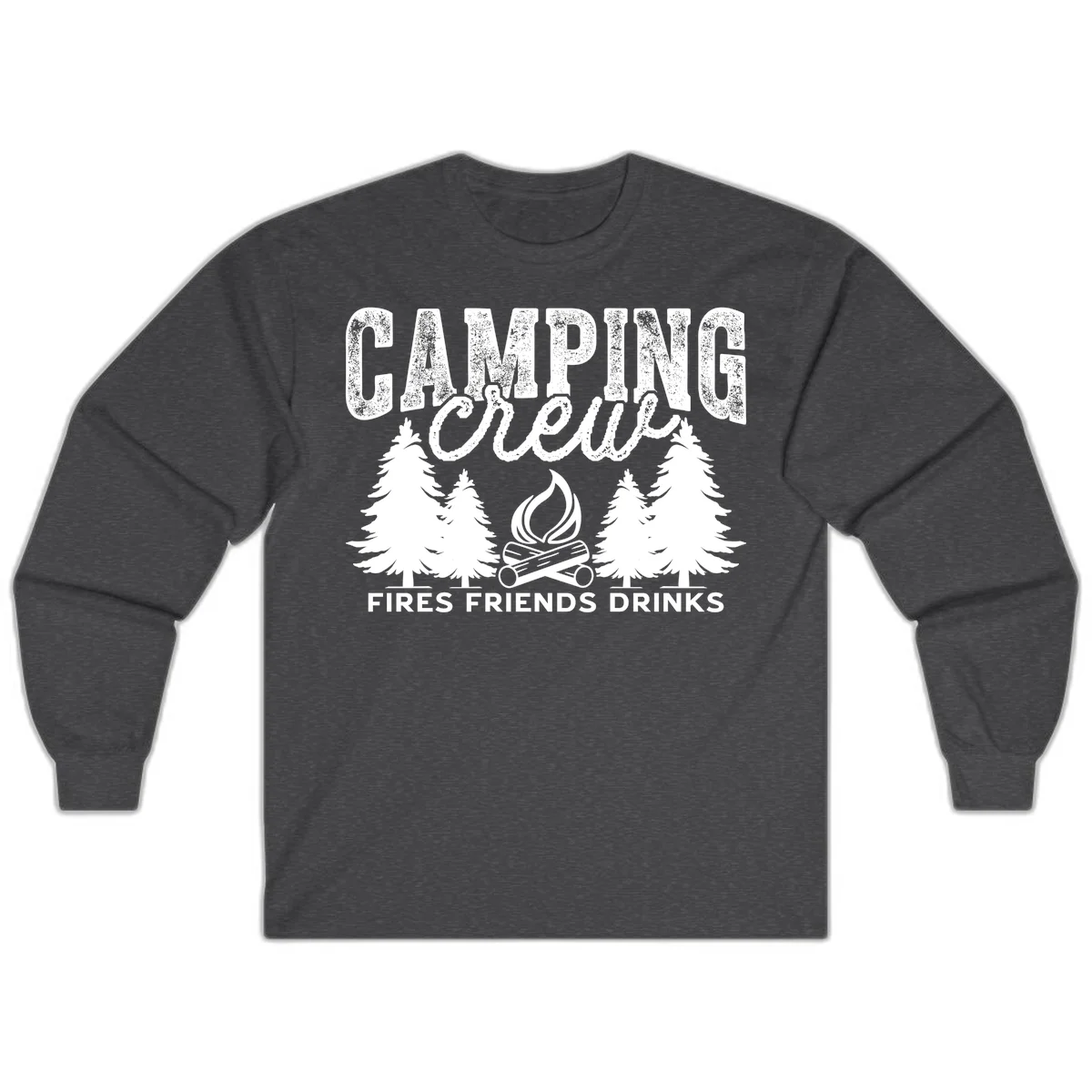 Distressed white design with 'CAMPING' text, campfire, evergreen trees, and 'FIRES FRIENDS DRINKS' script on gray background in Dark Heather