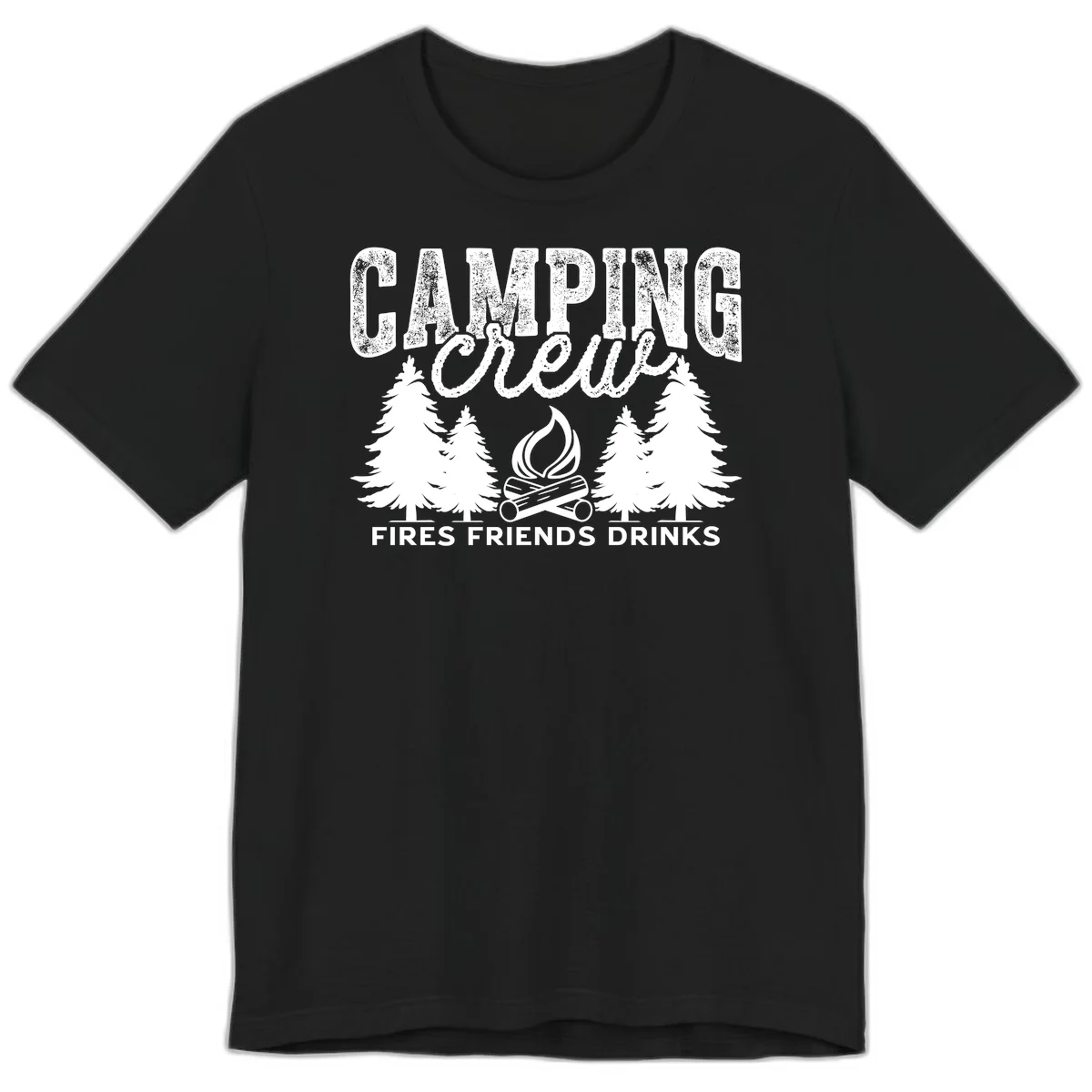 Distressed white design with 'CAMPING' text, campfire, evergreen trees, and 'FIRES FRIENDS DRINKS' script on gray background in Black