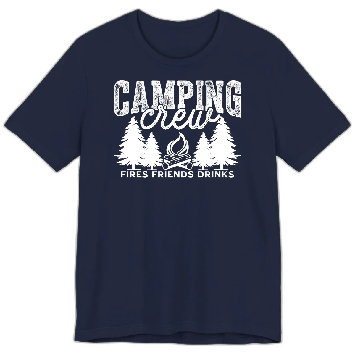 Distressed white design with 'CAMPING' text, campfire, evergreen trees, and 'FIRES FRIENDS DRINKS' script on gray background in Navy