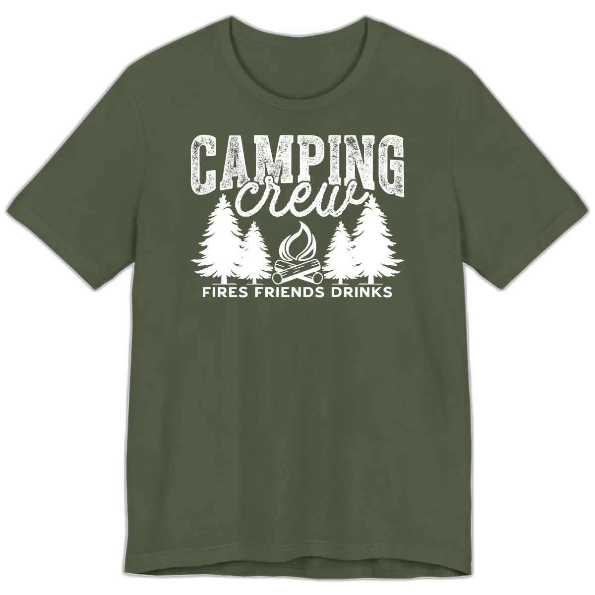 Distressed white design with 'CAMPING' text, campfire, evergreen trees, and 'FIRES FRIENDS DRINKS' script on gray background in Military Green