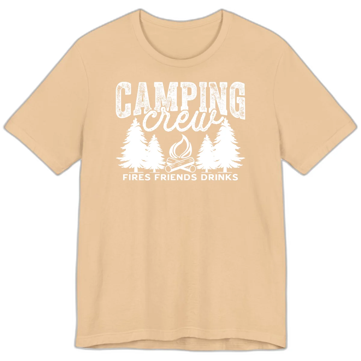 Distressed white design with 'CAMPING' text, campfire, evergreen trees, and 'FIRES FRIENDS DRINKS' script on gray background in Sand Dune