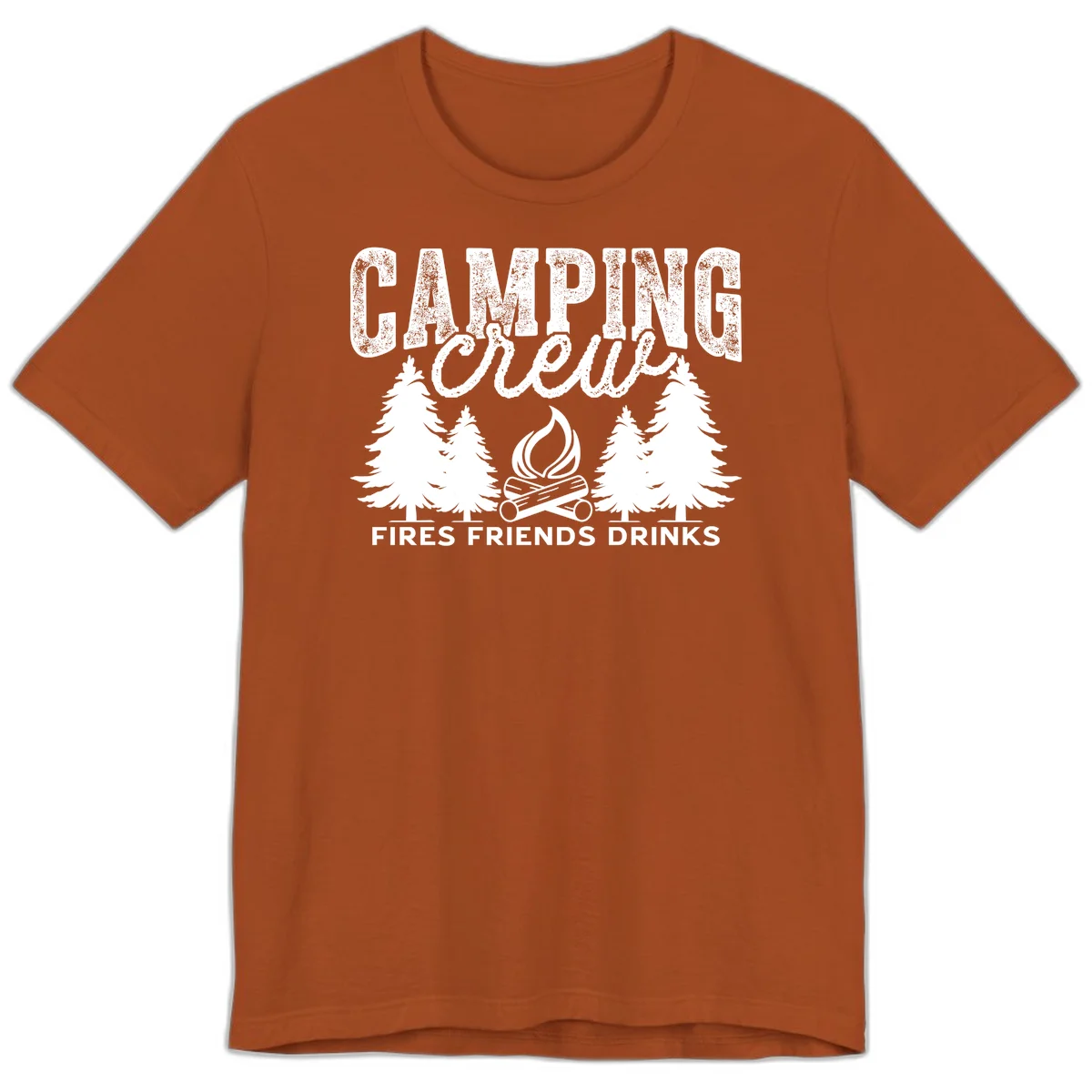 Distressed white design with 'CAMPING' text, campfire, evergreen trees, and 'FIRES FRIENDS DRINKS' script on gray background in Autumn