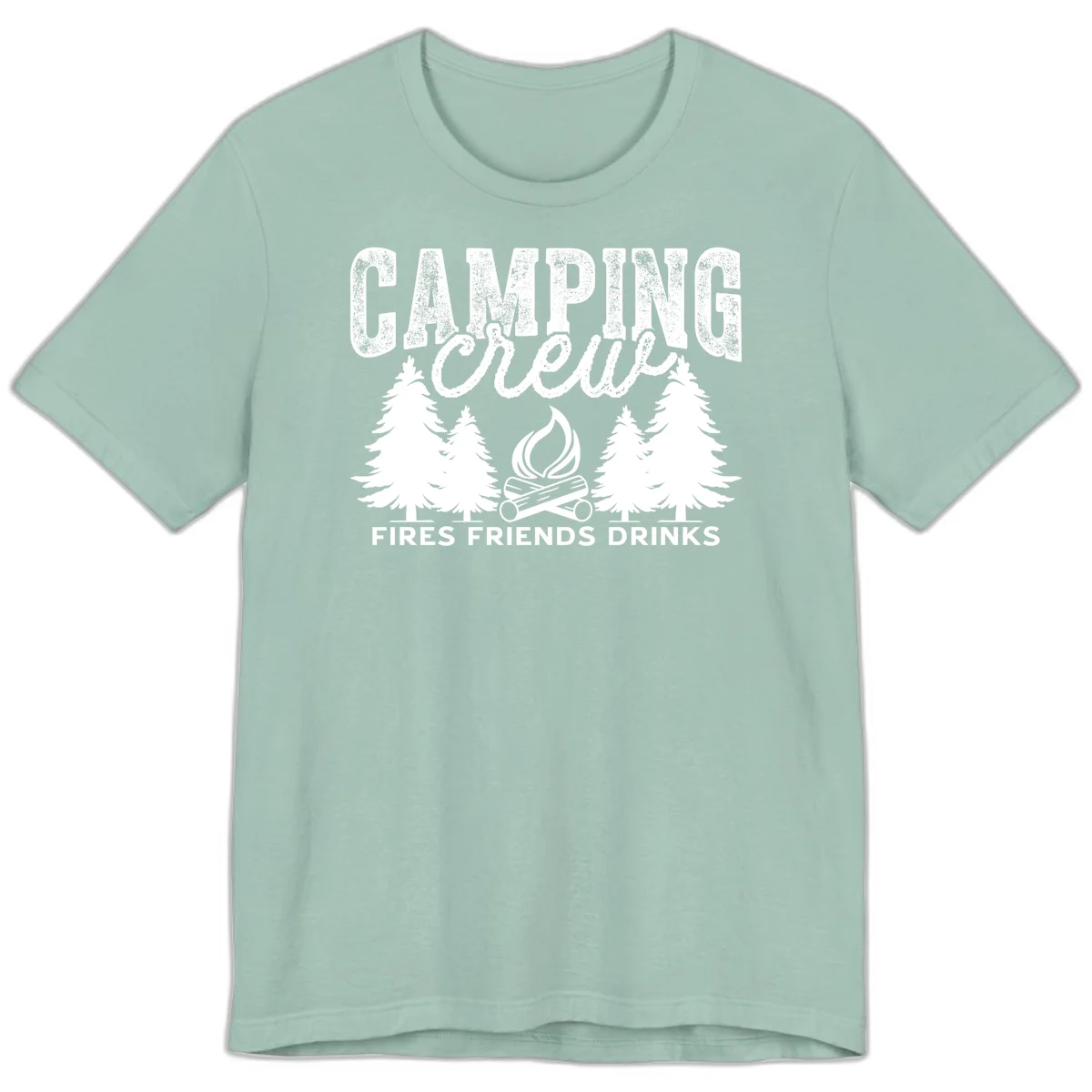 Distressed white design with 'CAMPING' text, campfire, evergreen trees, and 'FIRES FRIENDS DRINKS' script on gray background in Dusty Blue