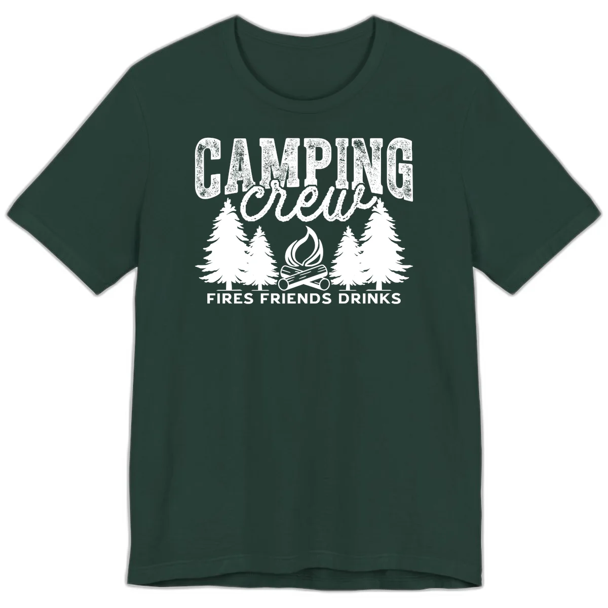 Distressed white design with 'CAMPING' text, campfire, evergreen trees, and 'FIRES FRIENDS DRINKS' script on gray background in Forest