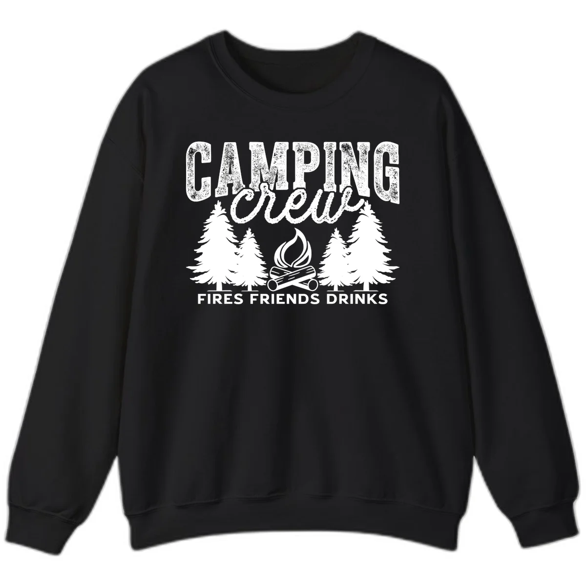Distressed white design with 'CAMPING' text, campfire, evergreen trees, and 'FIRES FRIENDS DRINKS' script on gray background in Black