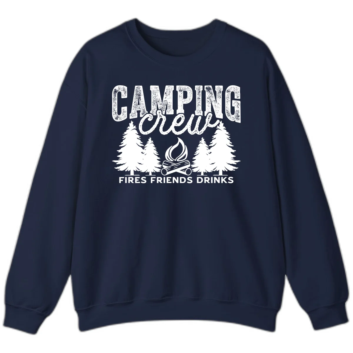Distressed white design with 'CAMPING' text, campfire, evergreen trees, and 'FIRES FRIENDS DRINKS' script on gray background in Navy
