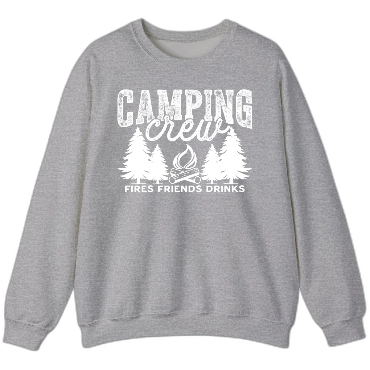 Distressed white design with 'CAMPING' text, campfire, evergreen trees, and 'FIRES FRIENDS DRINKS' script on gray background in Sport Grey