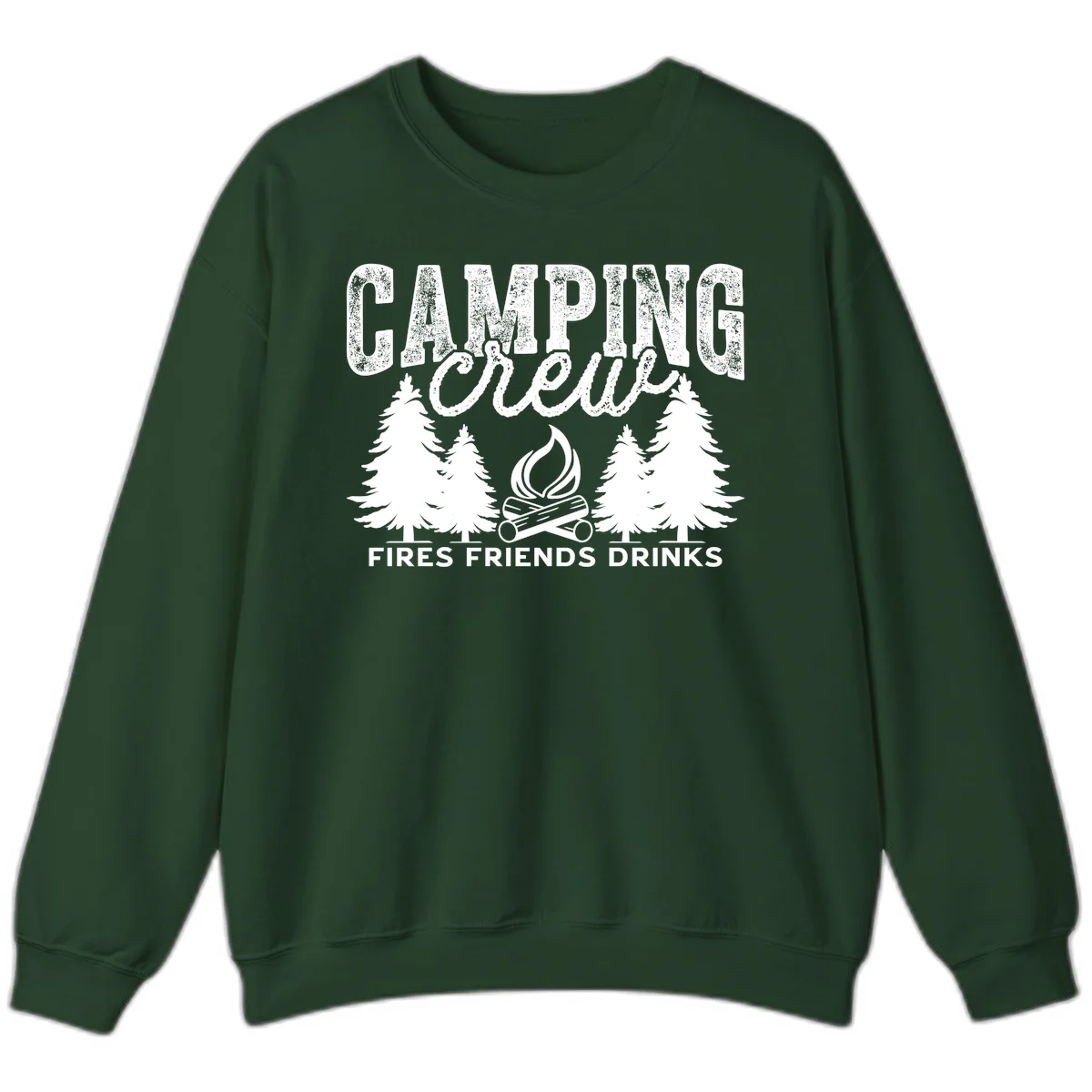 Distressed white design with 'CAMPING' text, campfire, evergreen trees, and 'FIRES FRIENDS DRINKS' script on gray background in Forest Green