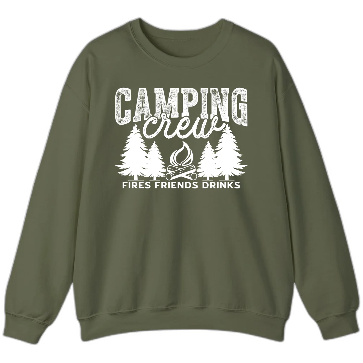 Distressed white design with 'CAMPING' text, campfire, evergreen trees, and 'FIRES FRIENDS DRINKS' script on gray background in Military Green