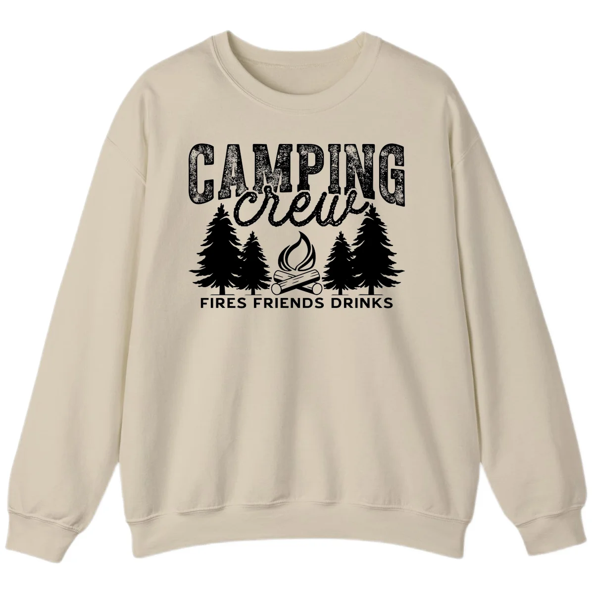Distressed white design with 'CAMPING' text, campfire, evergreen trees, and 'FIRES FRIENDS DRINKS' script on gray background in Sand
