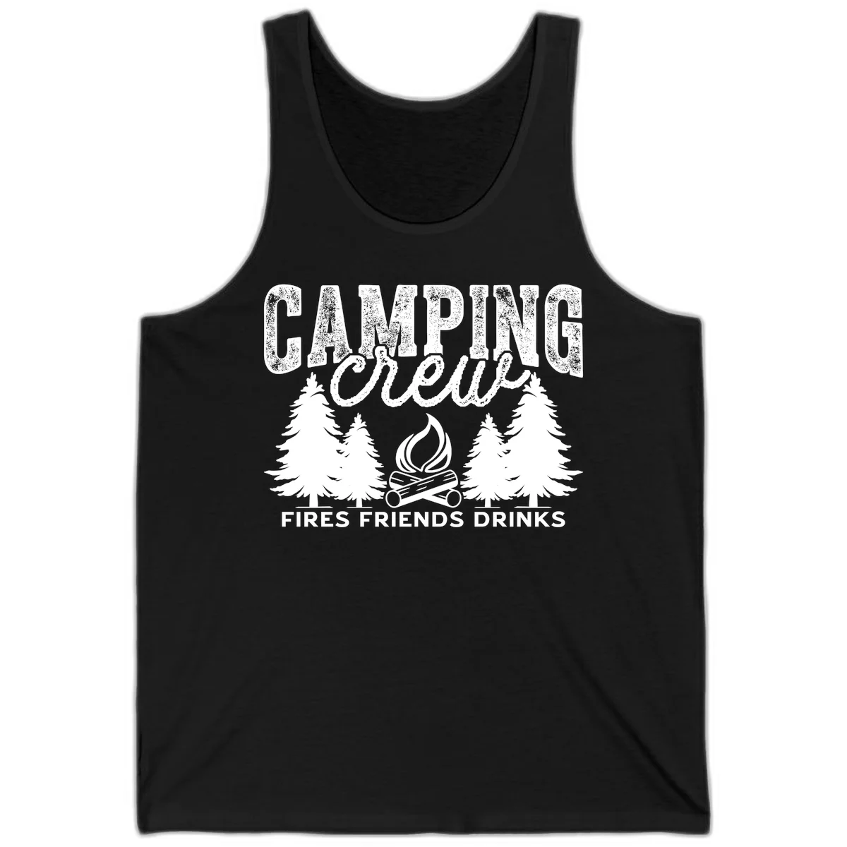 Distressed white design with 'CAMPING' text, campfire, evergreen trees, and 'FIRES FRIENDS DRINKS' script on gray background in Black
