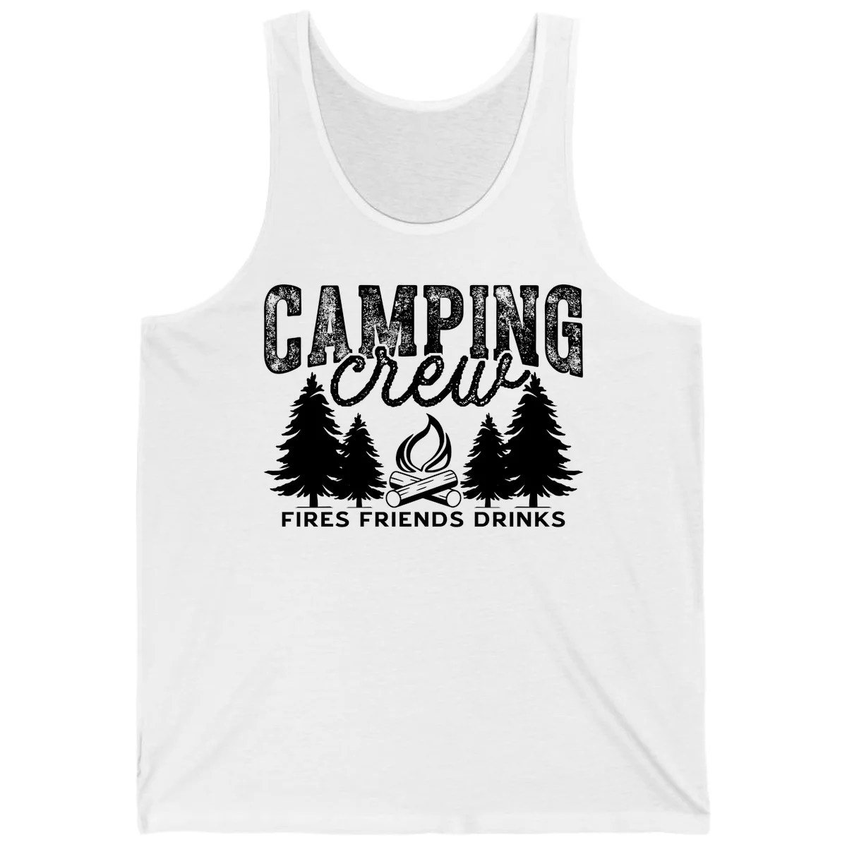 Distressed white design with 'CAMPING' text, campfire, evergreen trees, and 'FIRES FRIENDS DRINKS' script on gray background in White
