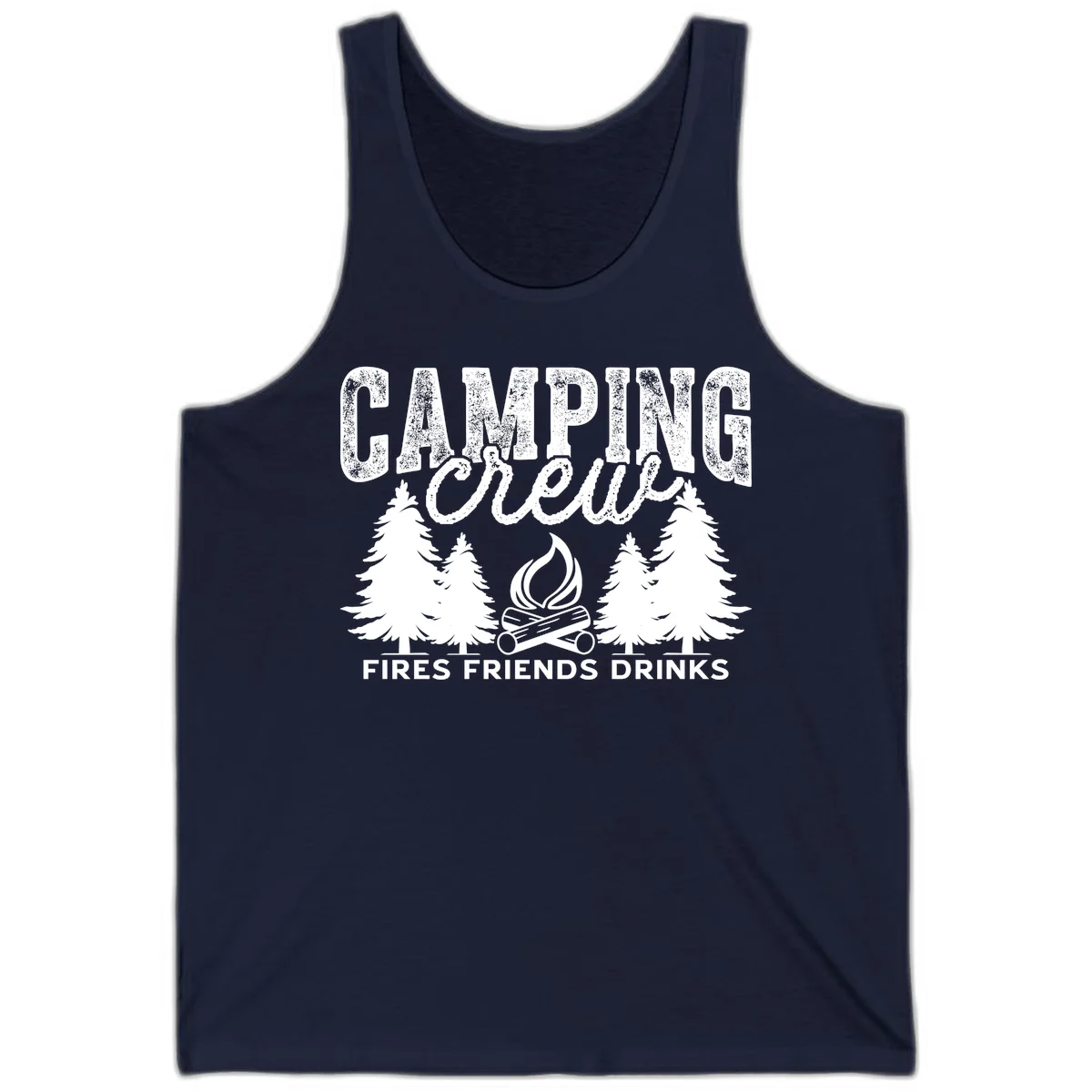 Distressed white design with 'CAMPING' text, campfire, evergreen trees, and 'FIRES FRIENDS DRINKS' script on gray background in Navy
