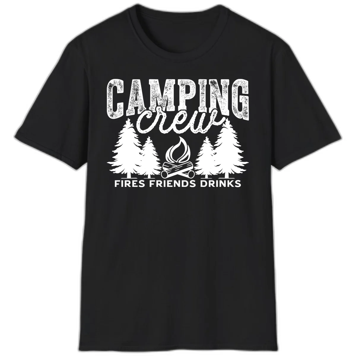 Distressed white design with 'CAMPING' text, campfire, evergreen trees, and 'FIRES FRIENDS DRINKS' script on gray background in Black