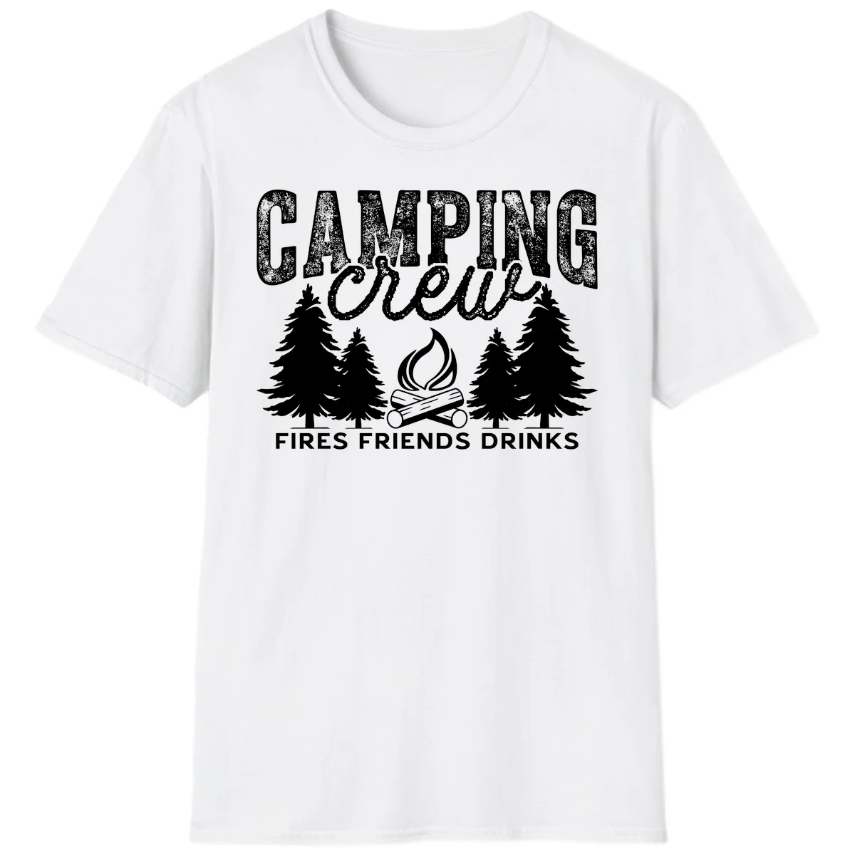 Distressed white design with 'CAMPING' text, campfire, evergreen trees, and 'FIRES FRIENDS DRINKS' script on gray background in White