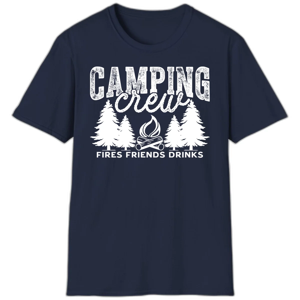 Distressed white design with 'CAMPING' text, campfire, evergreen trees, and 'FIRES FRIENDS DRINKS' script on gray background in Navy