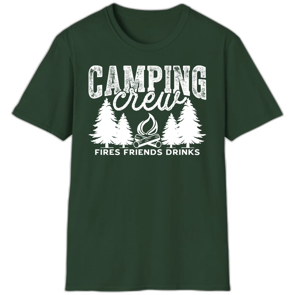 Distressed white design with 'CAMPING' text, campfire, evergreen trees, and 'FIRES FRIENDS DRINKS' script on gray background in Forest Green