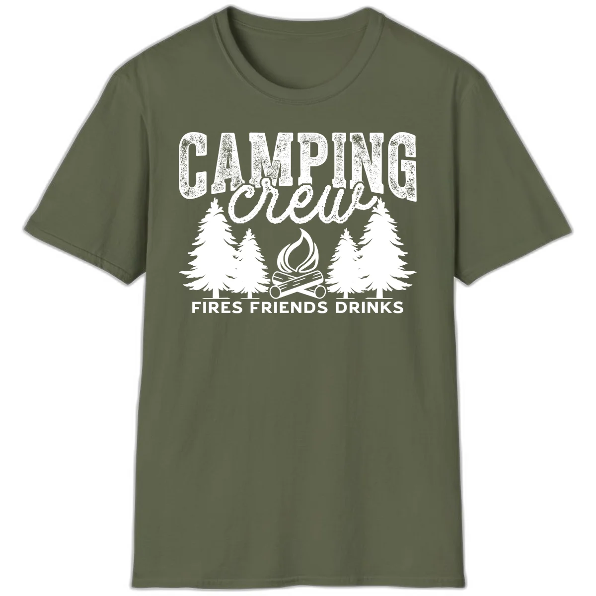 Distressed white design with 'CAMPING' text, campfire, evergreen trees, and 'FIRES FRIENDS DRINKS' script on gray background in Military Green