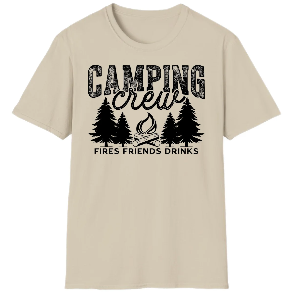 Distressed white design with 'CAMPING' text, campfire, evergreen trees, and 'FIRES FRIENDS DRINKS' script on gray background in Sand